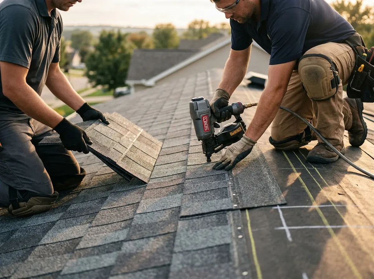 Professional roofer working on a residential roof in East Coventry